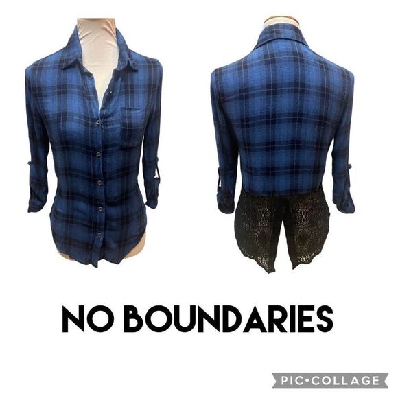 No Boundaries Plaid Long Sleeve Blue/Black Button Front Lace Design at Back 100% - Picture 1 of 11